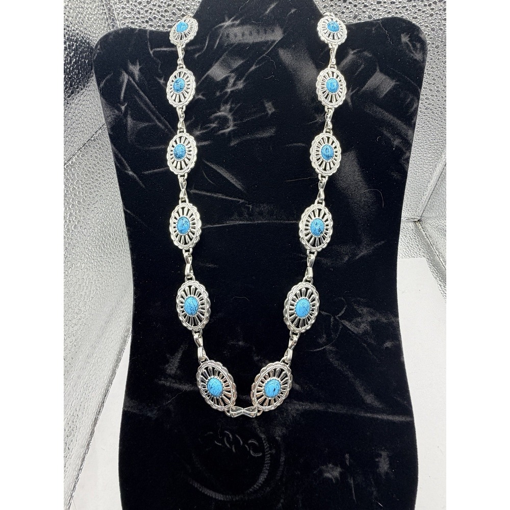 Concho Chain Necklace Silver & Turquoise Tones Excellent Western Boho Statement